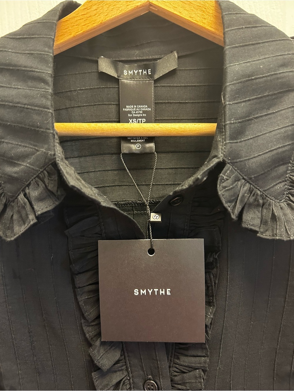 BNWT Smythe Black Ruffle-Trim Pinstripe Blouse